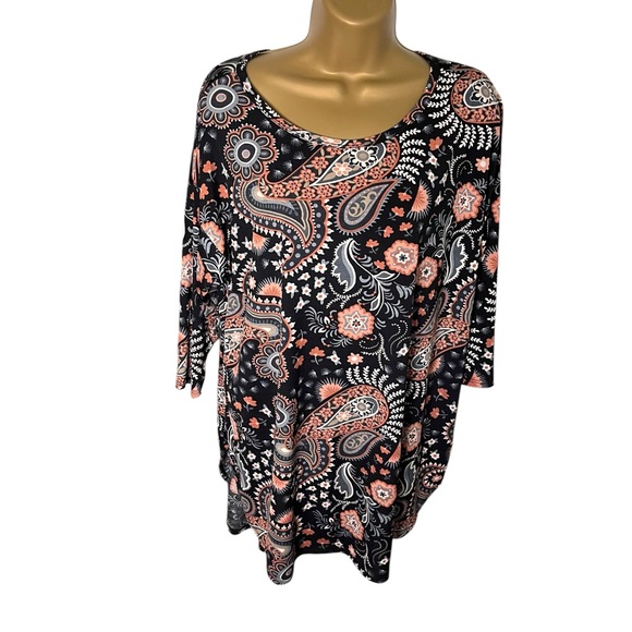 Paisley Grace Tops - Paisley Grace Flowy Tunic Top 3/4 Sleeve Paisley Print Black XL